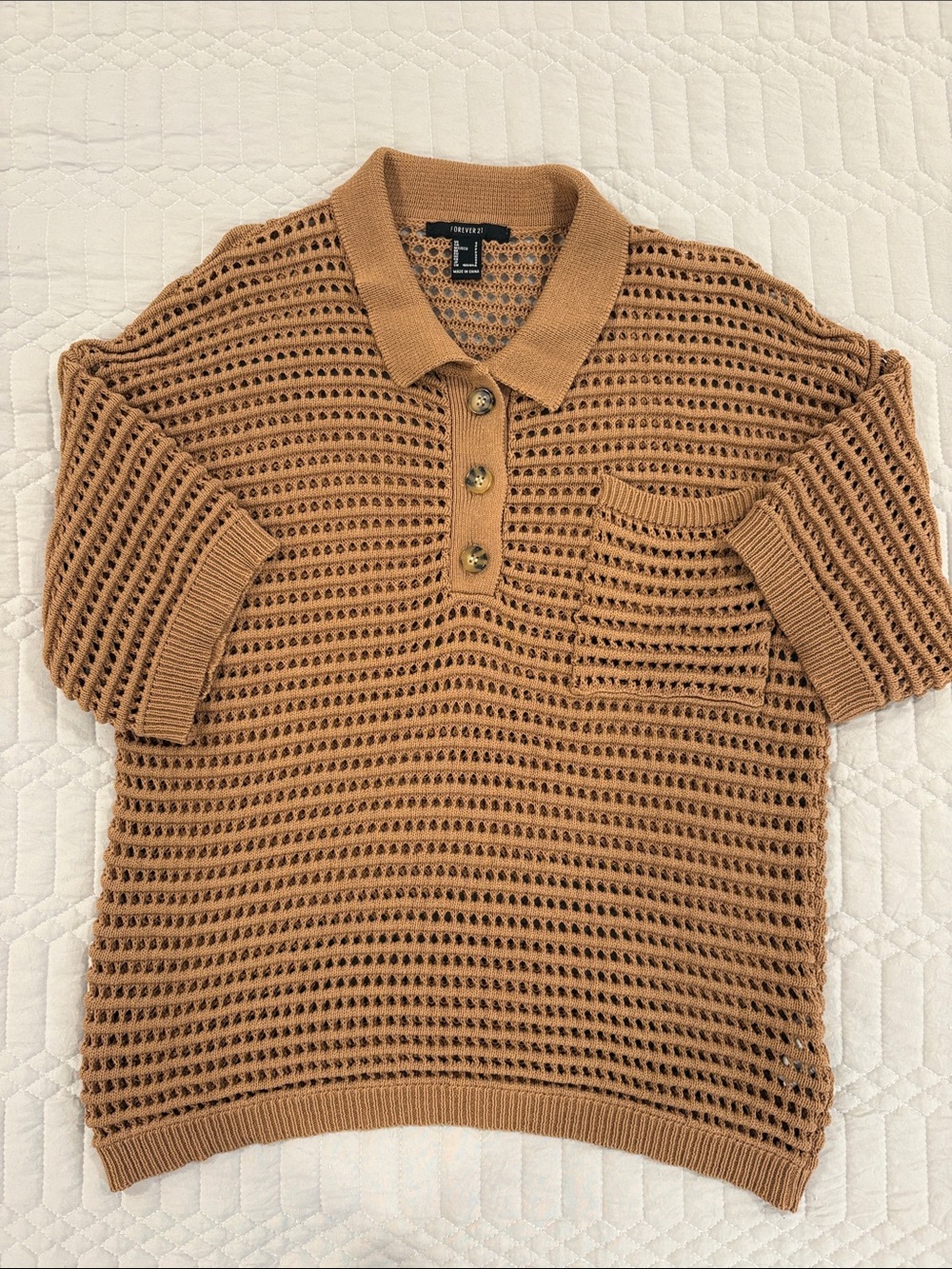 Forever 21 Open-Knit Tan Short Sleeve Sweater